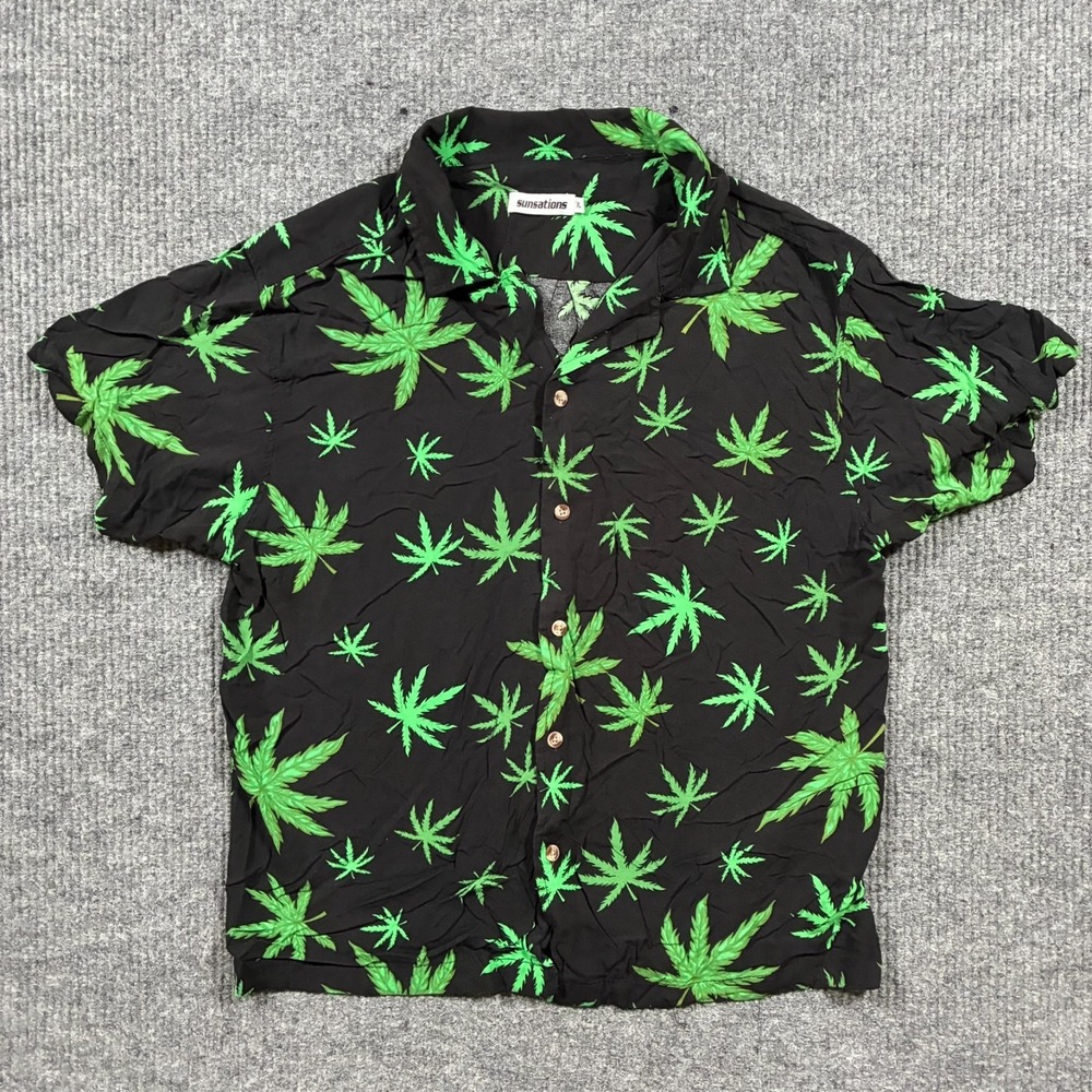 Sunsation Cannabis Leaf Hawaiian Shirt Mens XL Black Green Button Front Camp